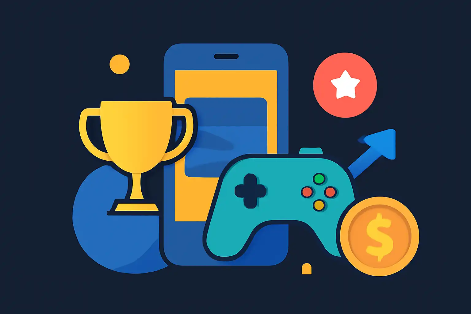 Hero illustration: BDG Win, modern flat design, dark background, brand-neutral, icons and shapes only, no text
