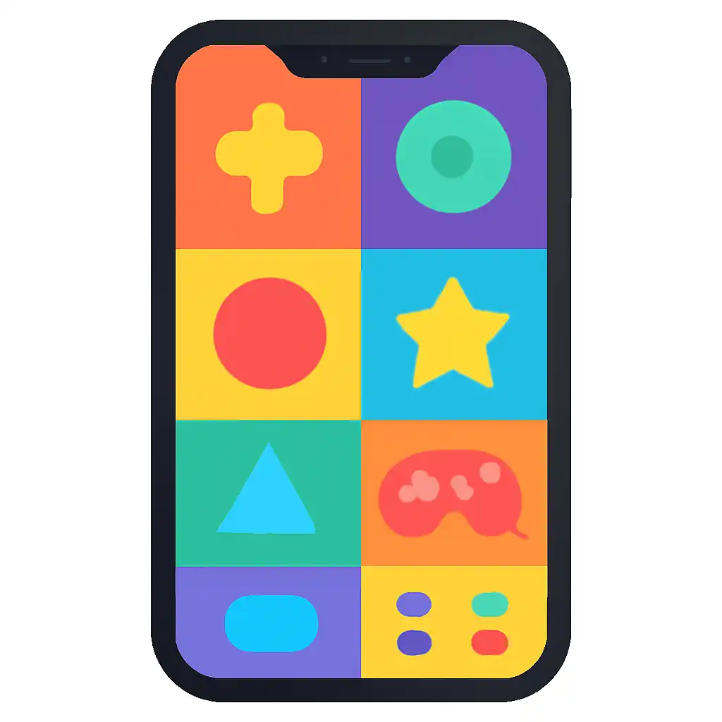Smartphone shown from the front displaying a colourful flat layout of abstract game icons and rounded tiles (no text, no letters, no labels), BDG Win