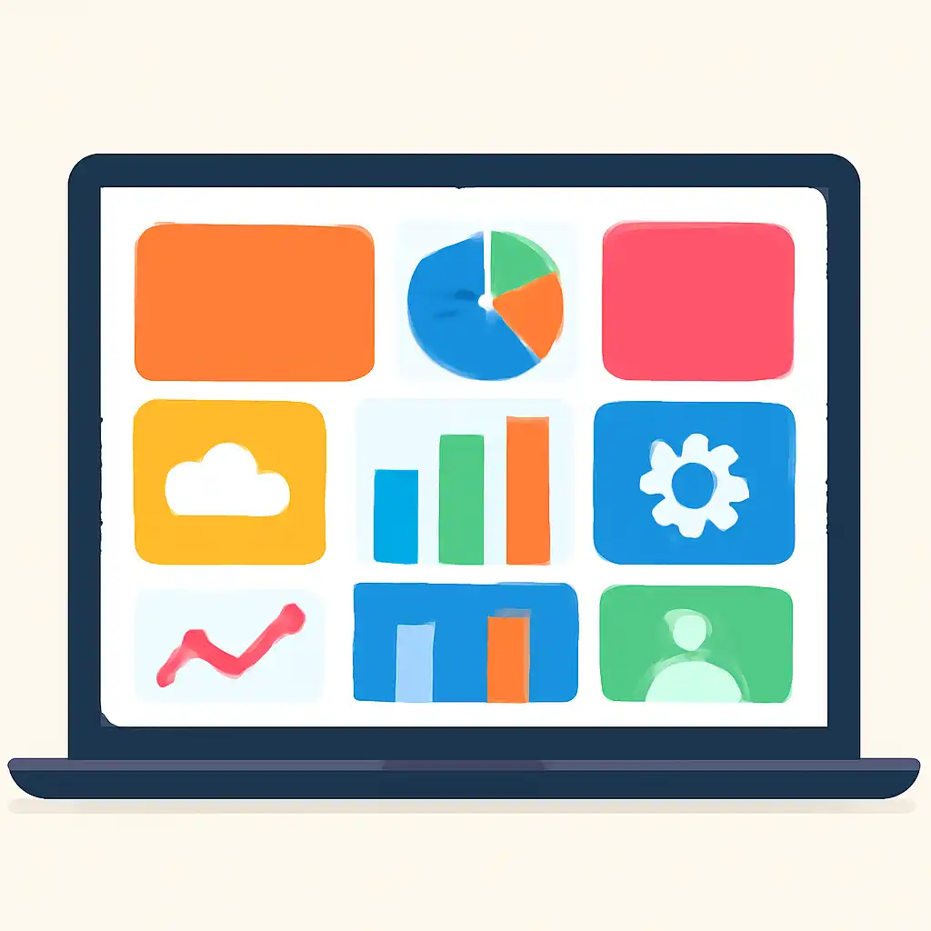 Laptop shown from the front displaying a colourful flat dashboard of abstract charts, bars and icon tiles (no text, no letters, no labels), BDG Win