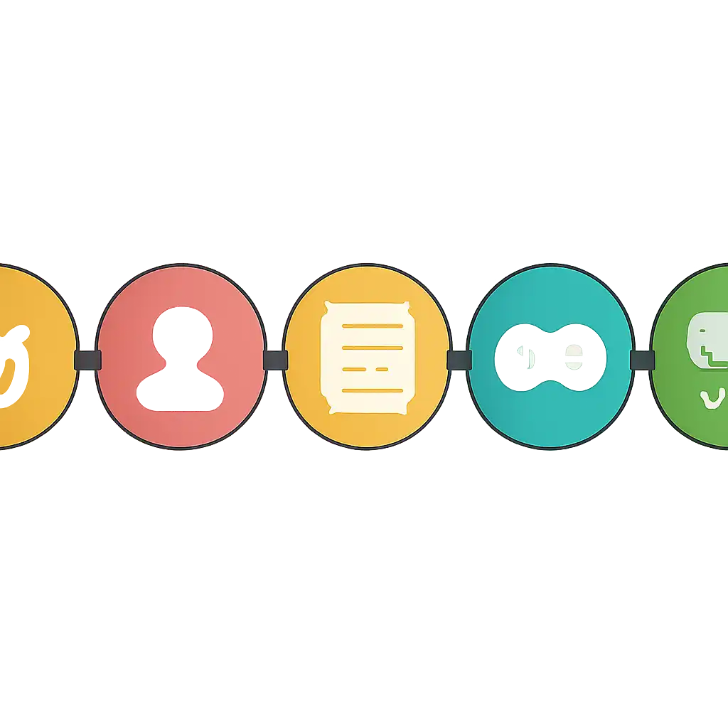 Five numbered circular icons connected by arrows in a horizontal flow, flat illustration, icons only, no words, BDG Win steps